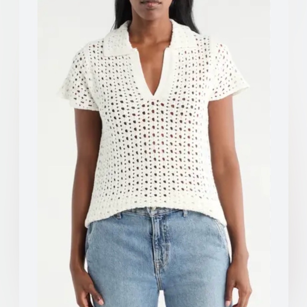 Cyrus White Crochet Knit Polo Top Collared Short Sleeve Sweater M